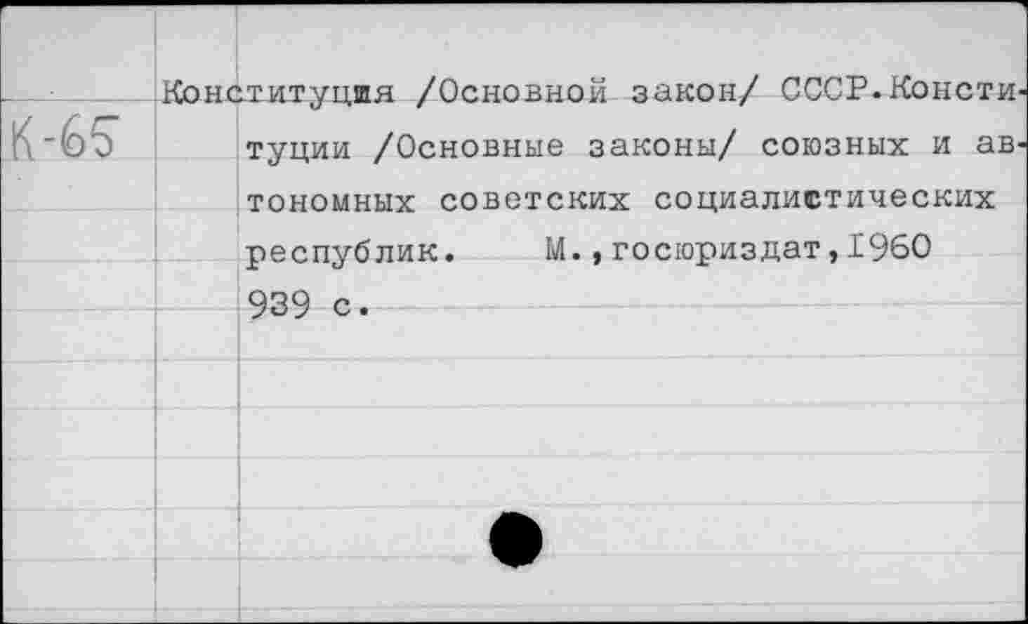 ﻿Конституция /Основной закон/ СССР.КонстИ' туции /Основные законы/ союзных и автономных советских социалистических республик. М.,госюриздат,1960 939 с.